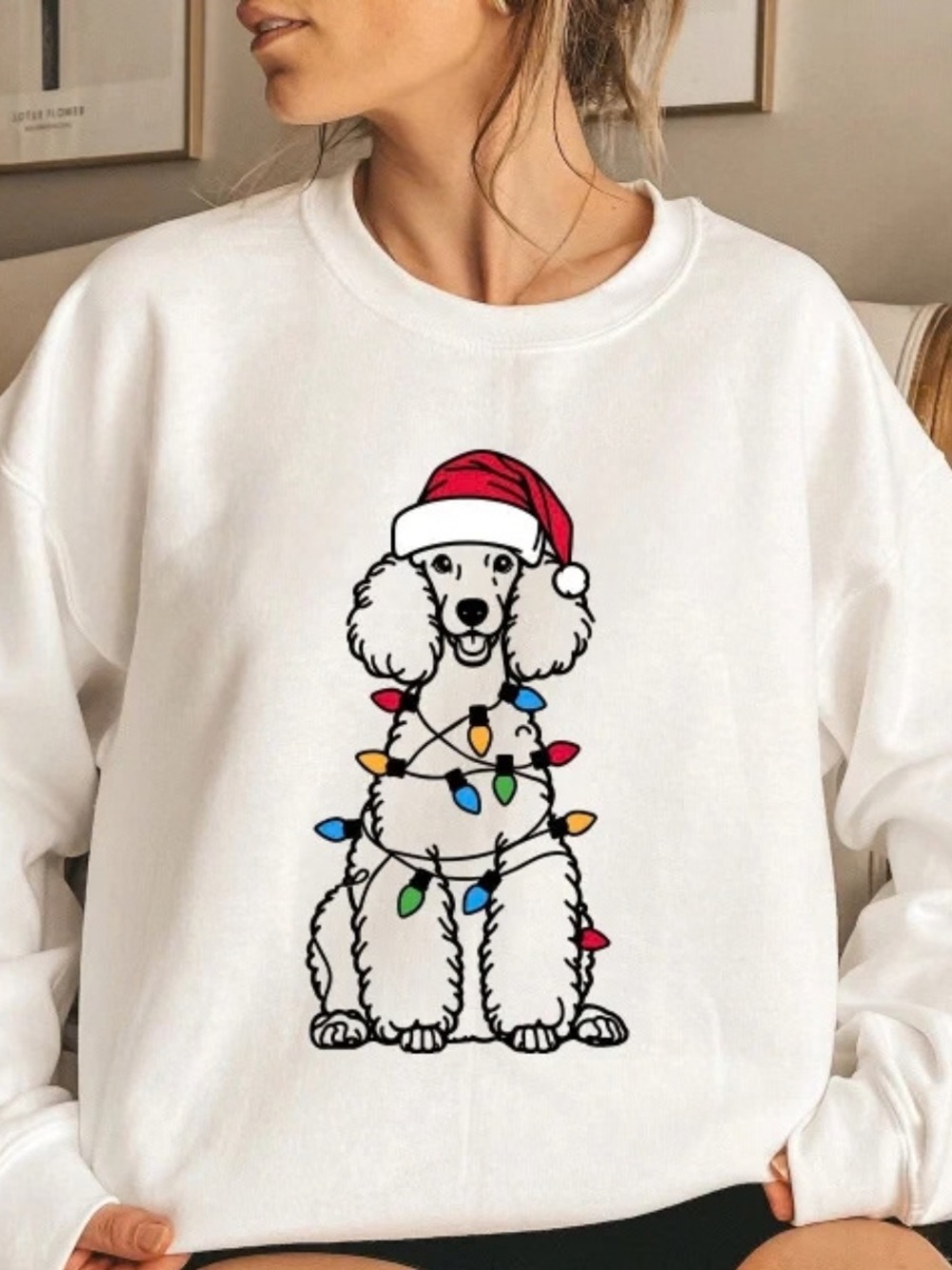 Gildan White Christmas Sweatshirt, Red Santa Hat Poodle and Multicolor Holiday